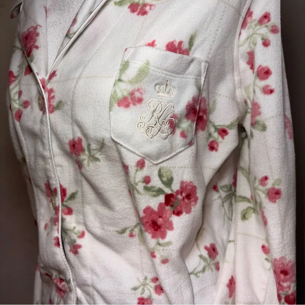 Lauren Ralph Lauren Floral Pajama Top Womens Large Pink Rose Button Up - Picture 5 of 9